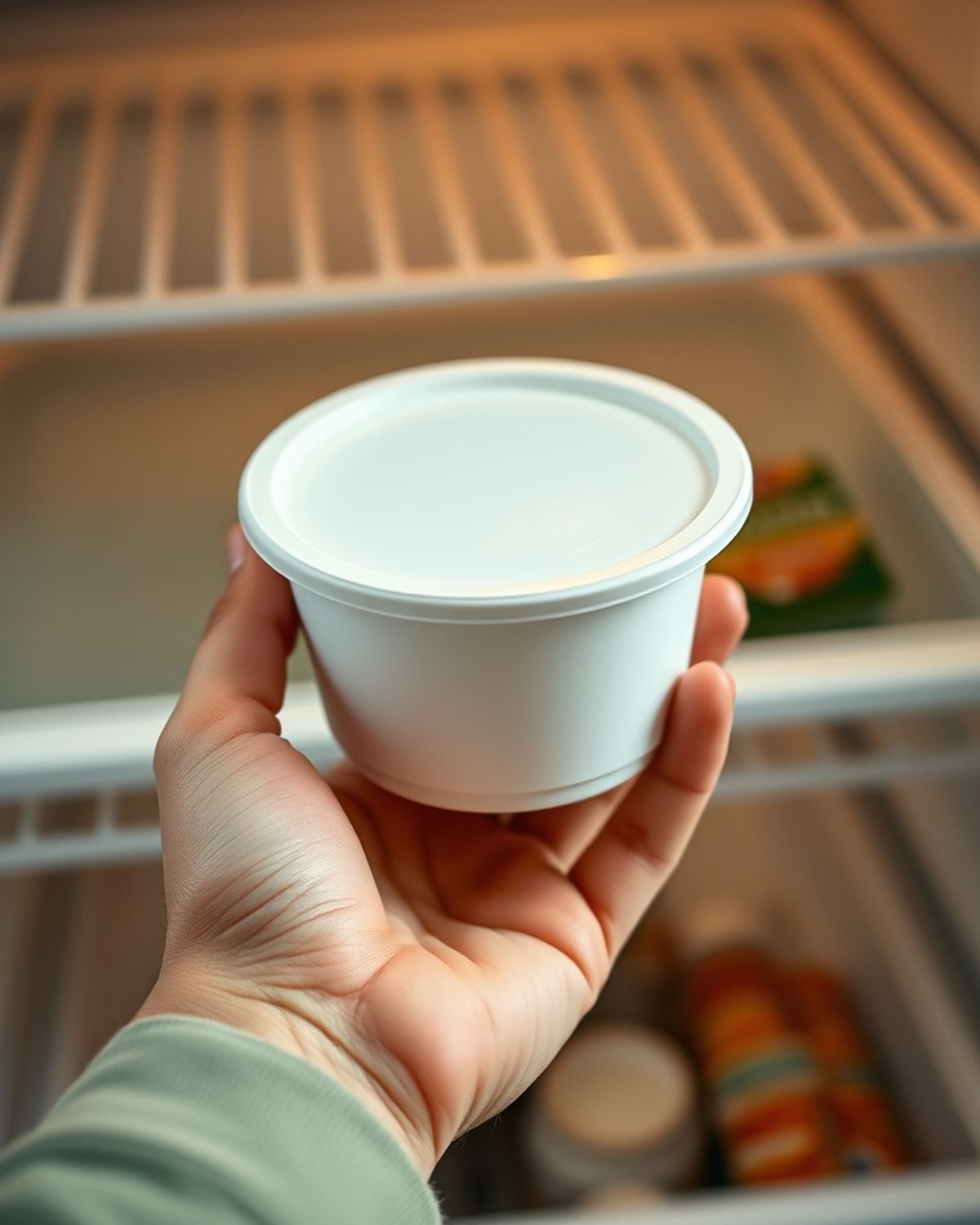 Main tenant un pot devant un réfrigérateur ouvert pour en vérifier la date