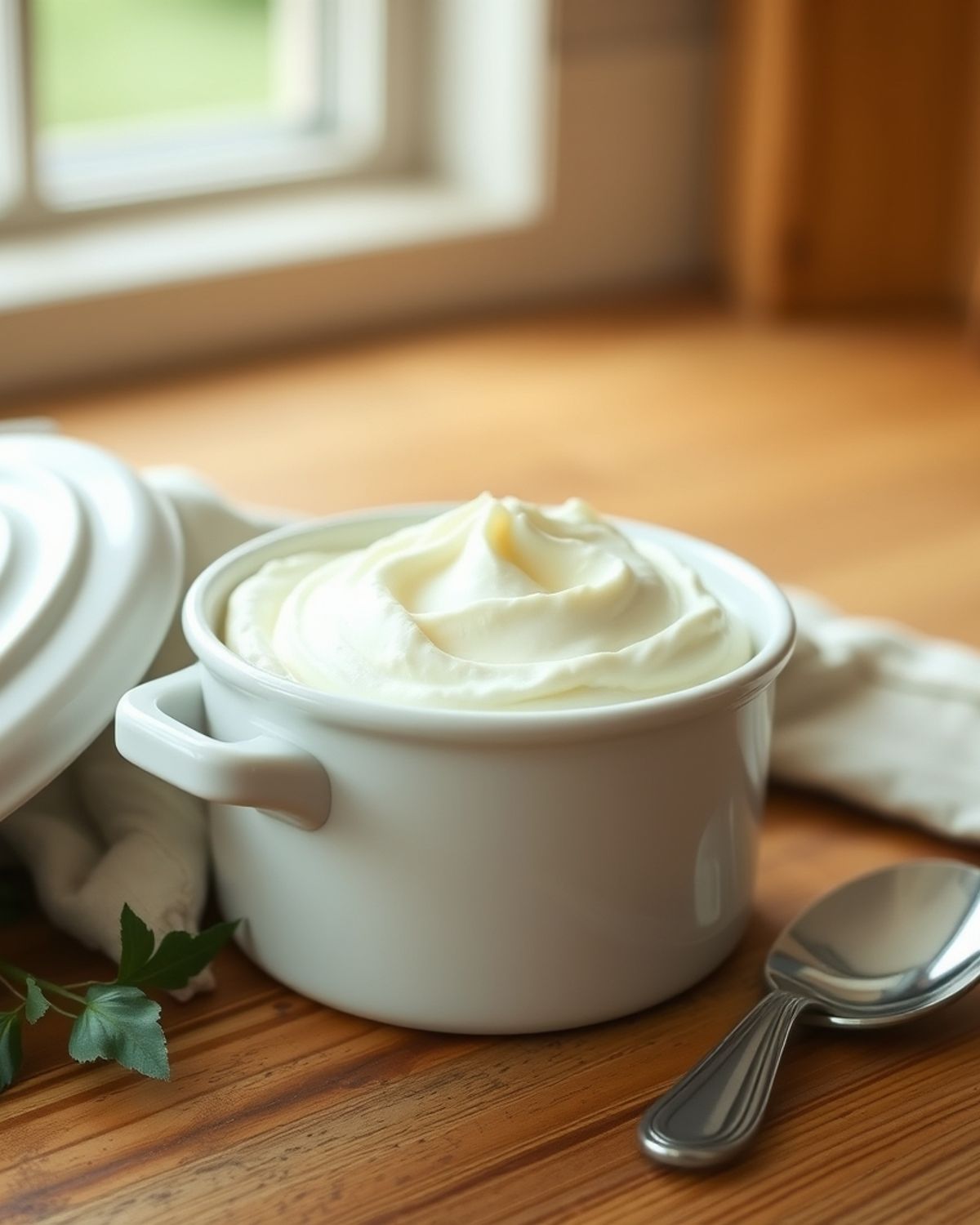 Pot de crème fraîche ouvert sur un plan de travail en bois, cuillère à côté