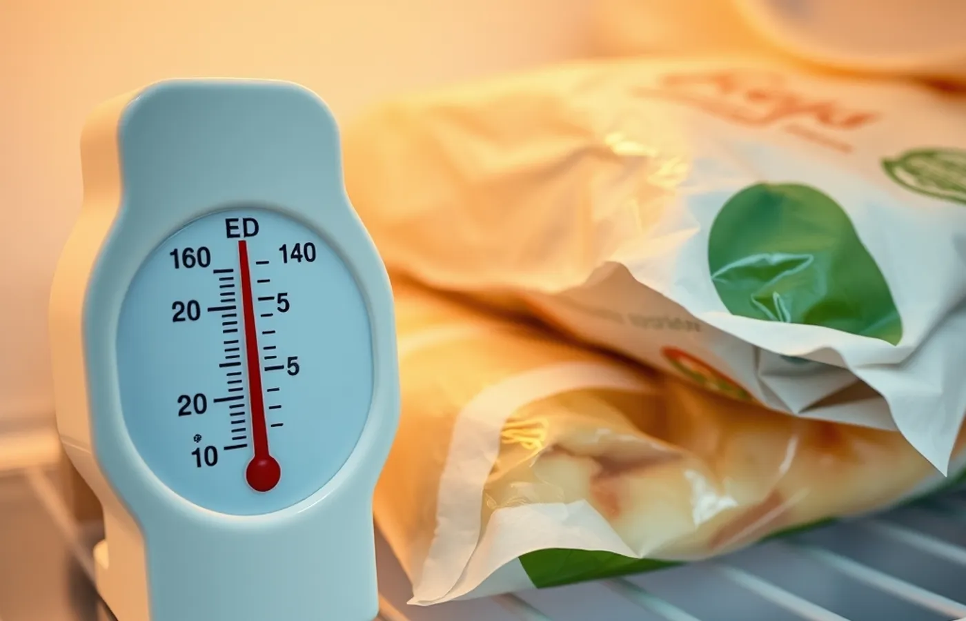 Thermomètre de réfrigérateur affichant quatre degrés à côté de produits emballés