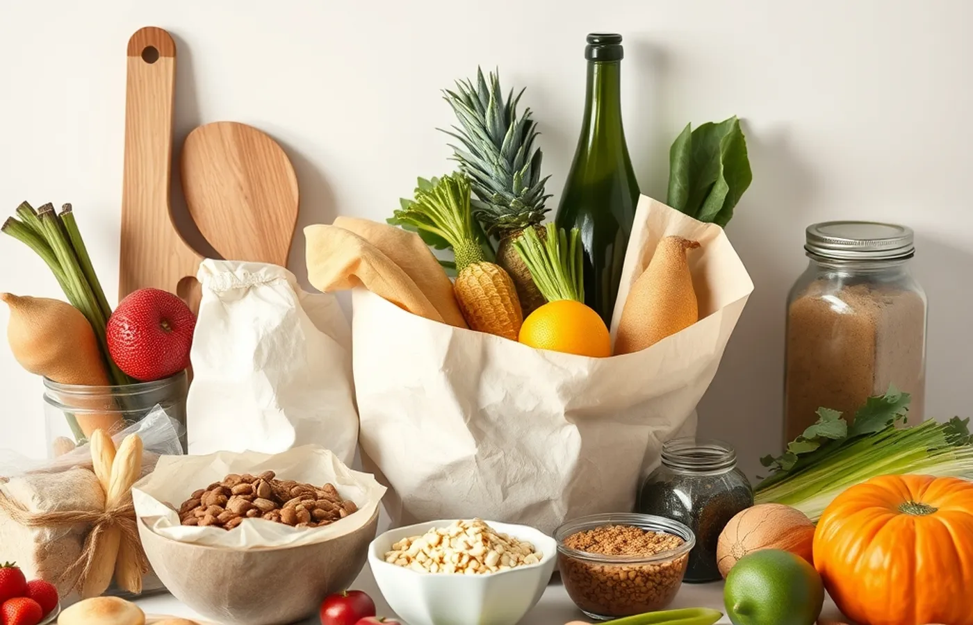 Produits frais et secs rangés par famille sur un plan de travail clair