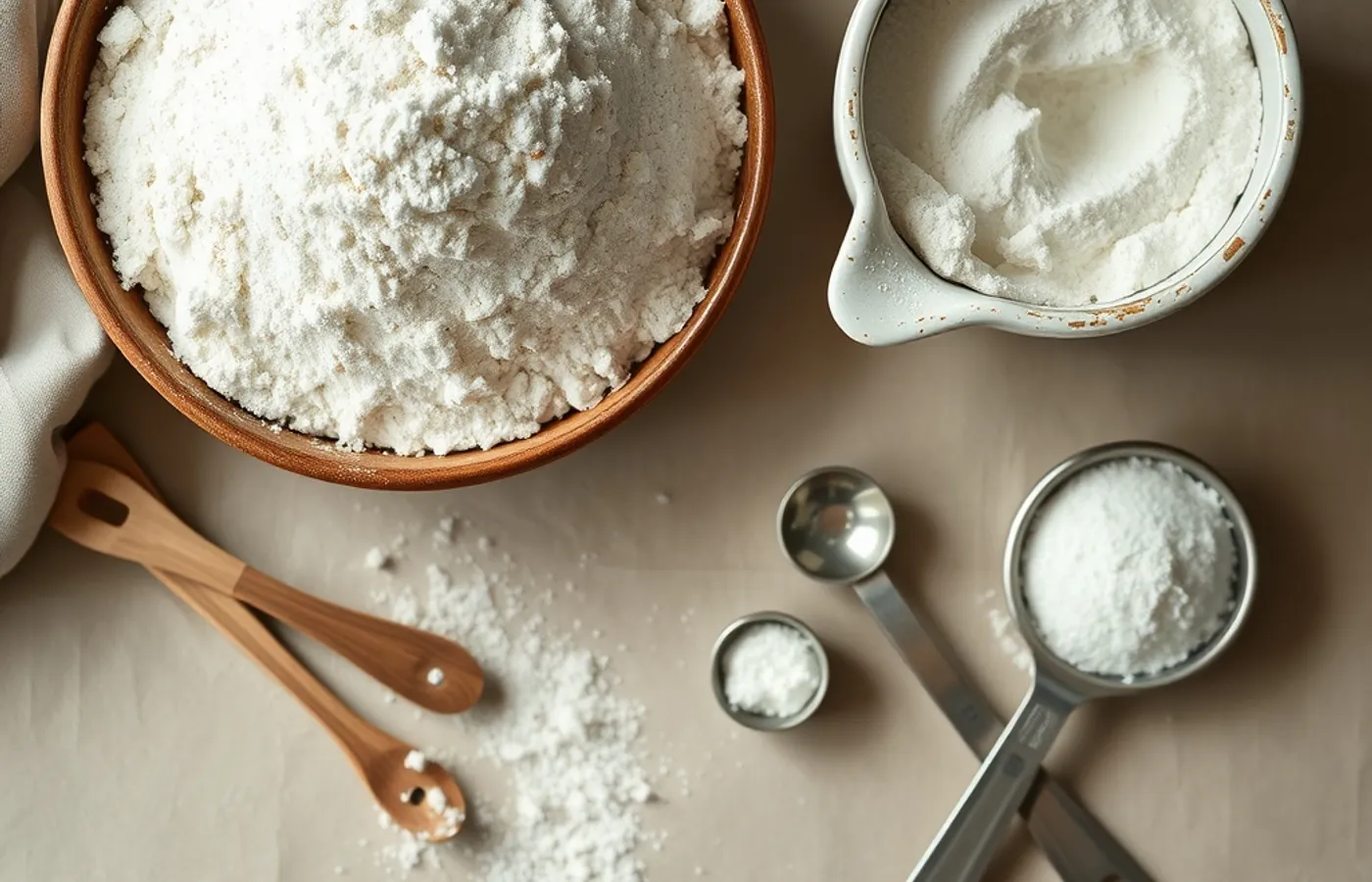 Farine, sucre, verre doseur et cuillères sur un plan de travail de pâtisserie