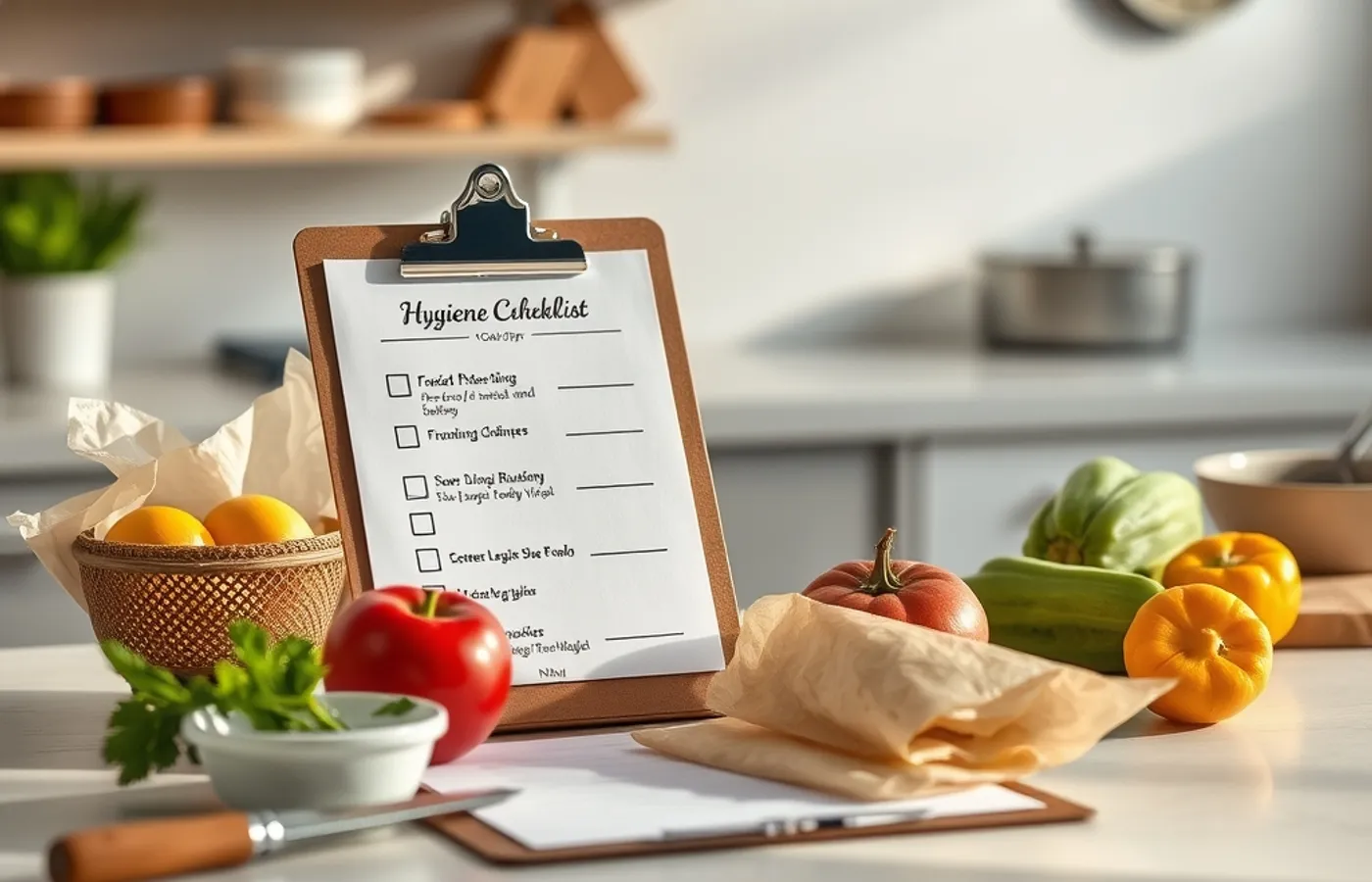 Table de travail d’une cuisine professionnelle avec fiches de contrôle