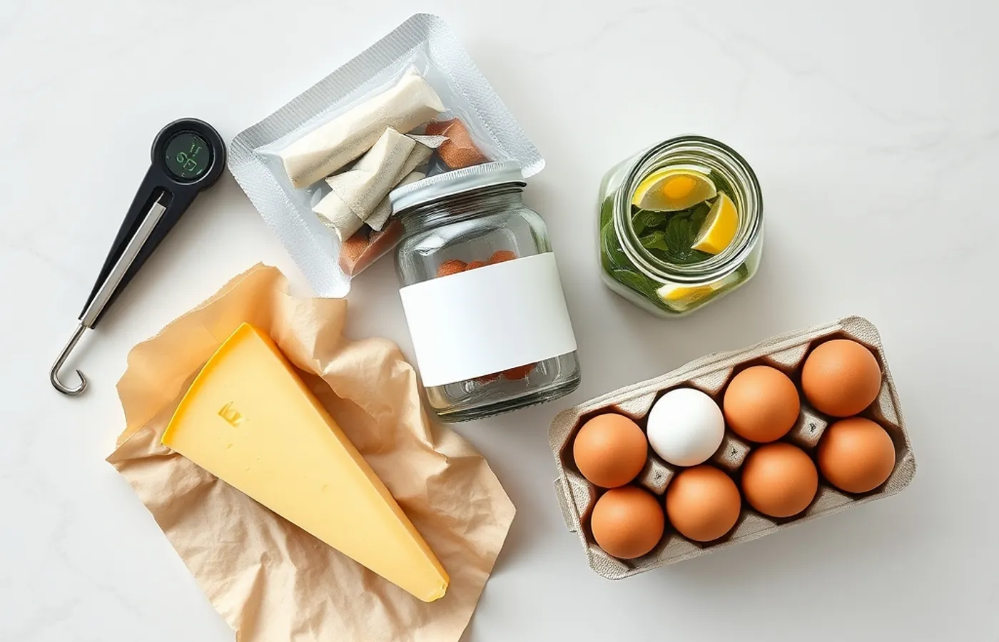 Thermomètre de réfrigérateur, sachet sous vide, bocal et fromage sur un plan de travail