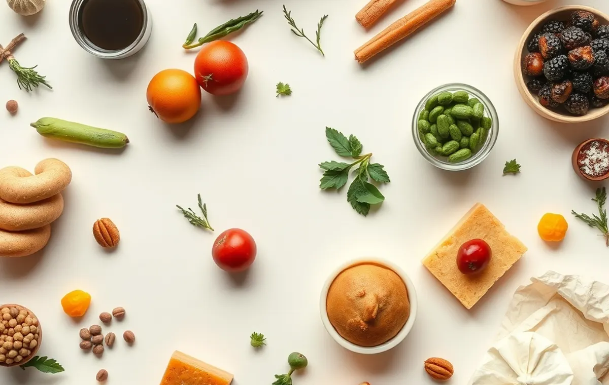 Épicerie française assortie disposée en grille, vue de dessus