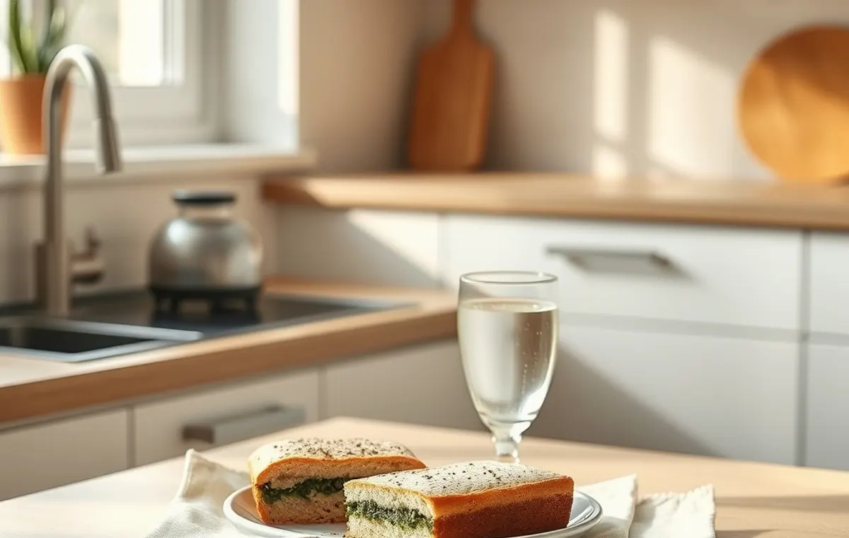 Plan de travail de cuisine rangé, torchon de lin et verre d’eau