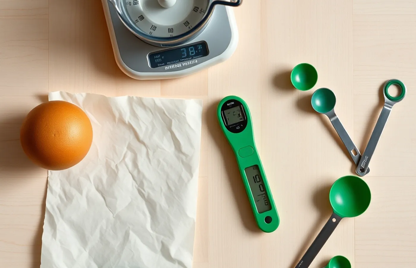 Balance de cuisine, verre doseur, thermomètre et cuillères doseuses vus de dessus