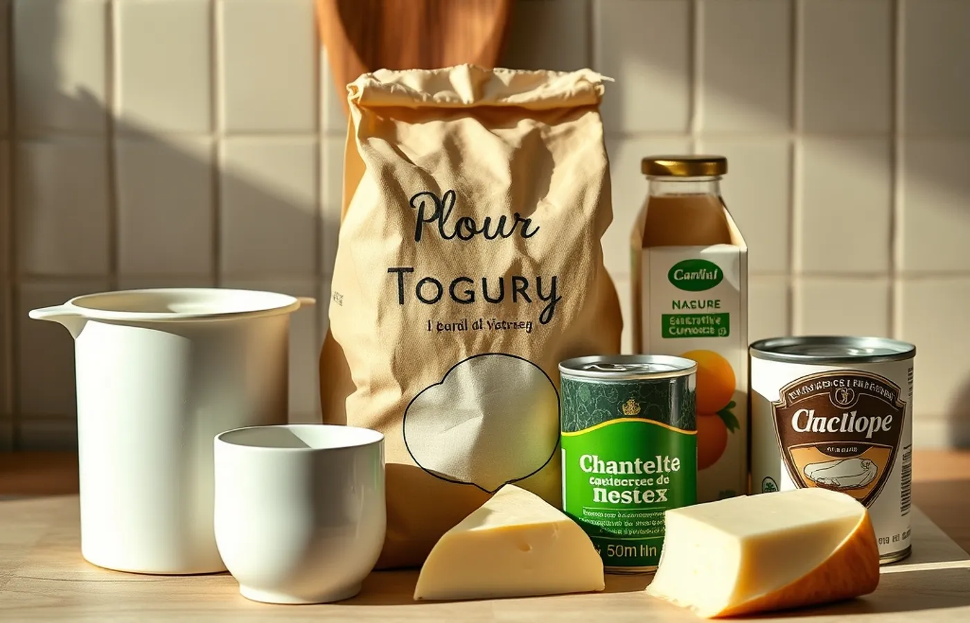Rangée de produits du quotidien alignés sur un plan de travail de cuisine