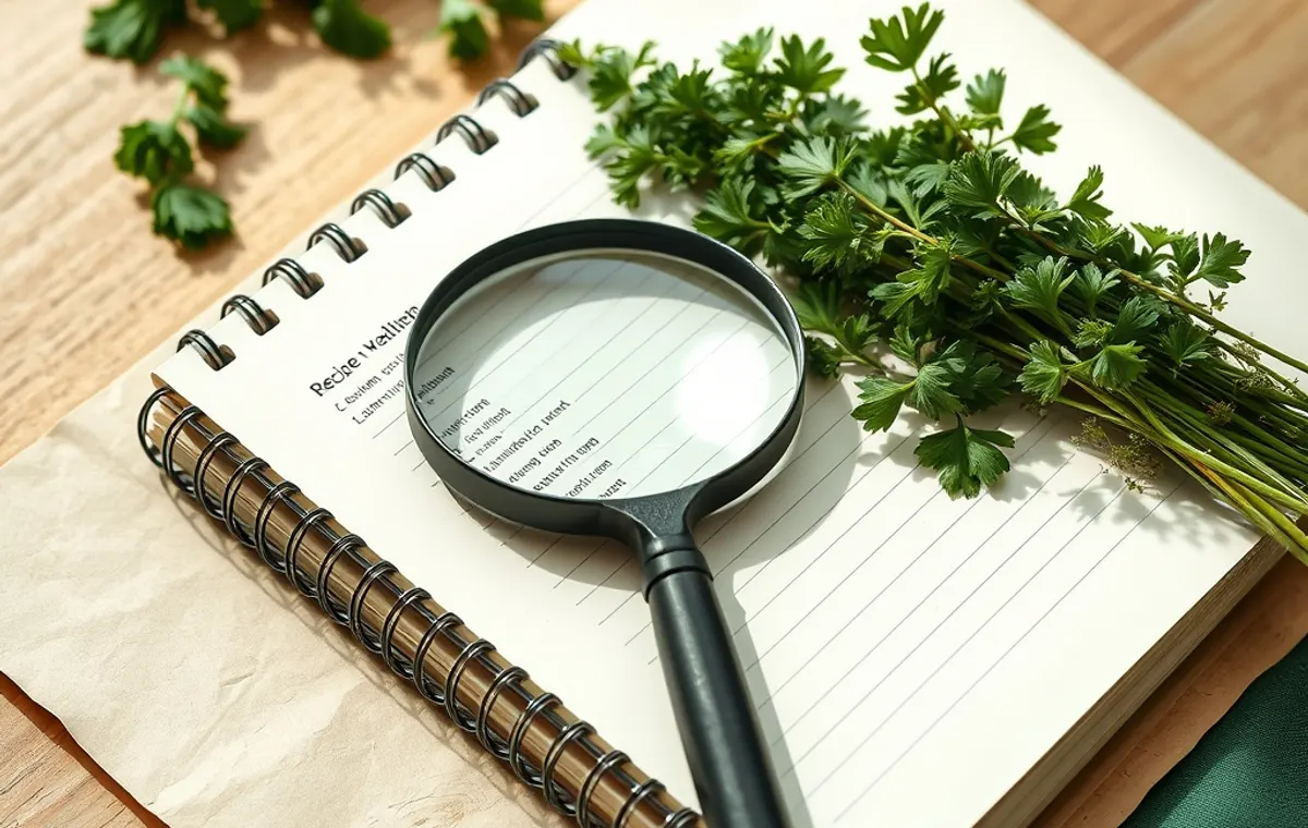 Loupe posée sur un carnet de recettes à côté d’herbes fraîches