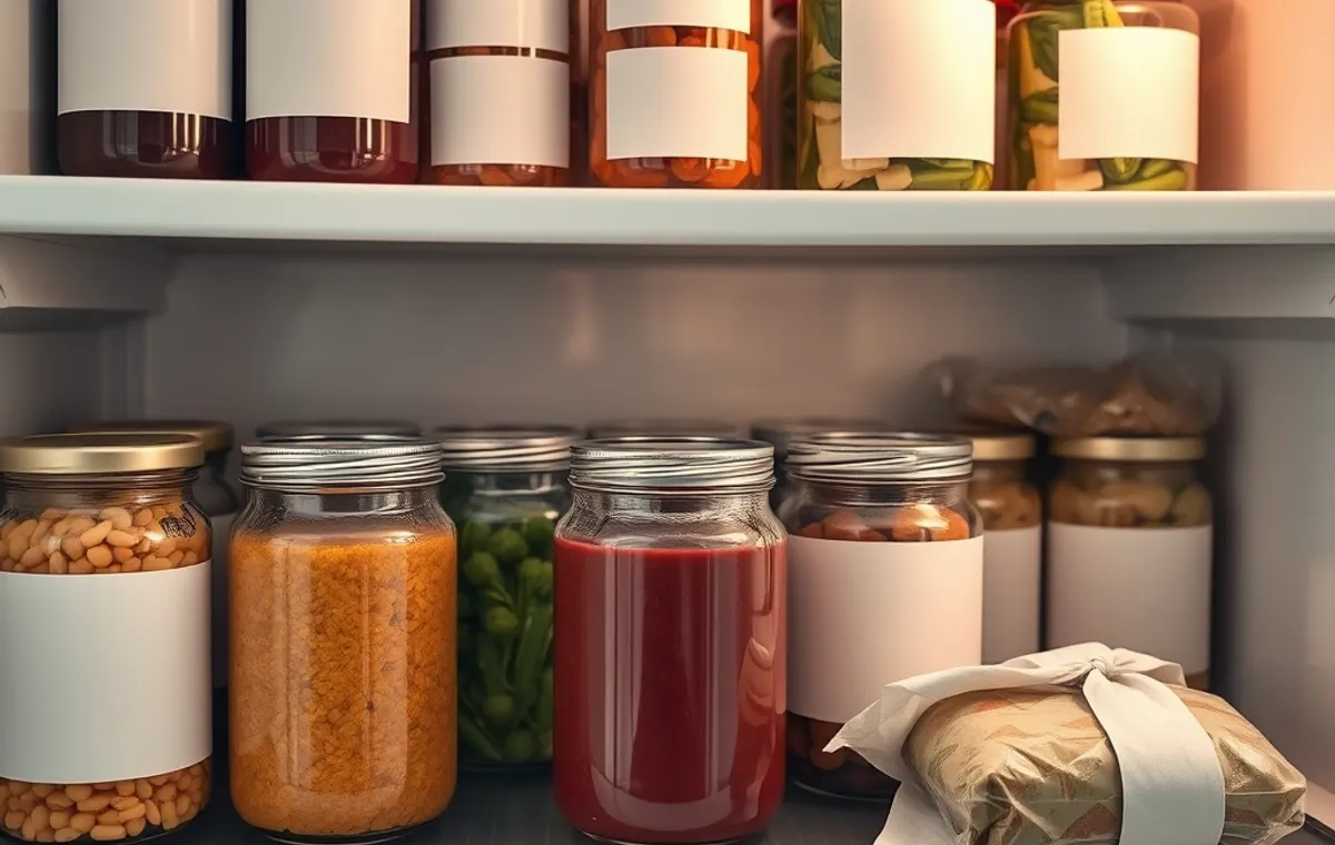 Produits frais rangés dans un réfrigérateur, contenants fermés et étiquetés