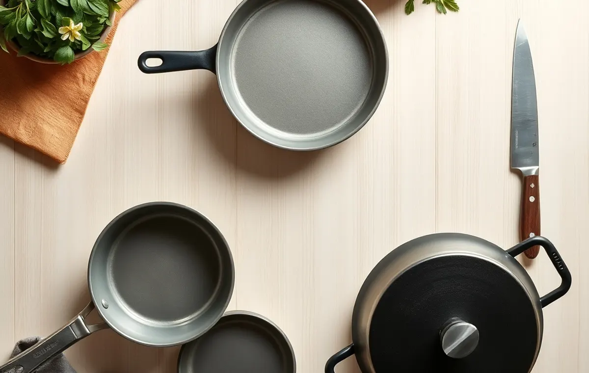 Casseroles, cocotte en fonte et couteau de chef alignés sur un plan de travail
