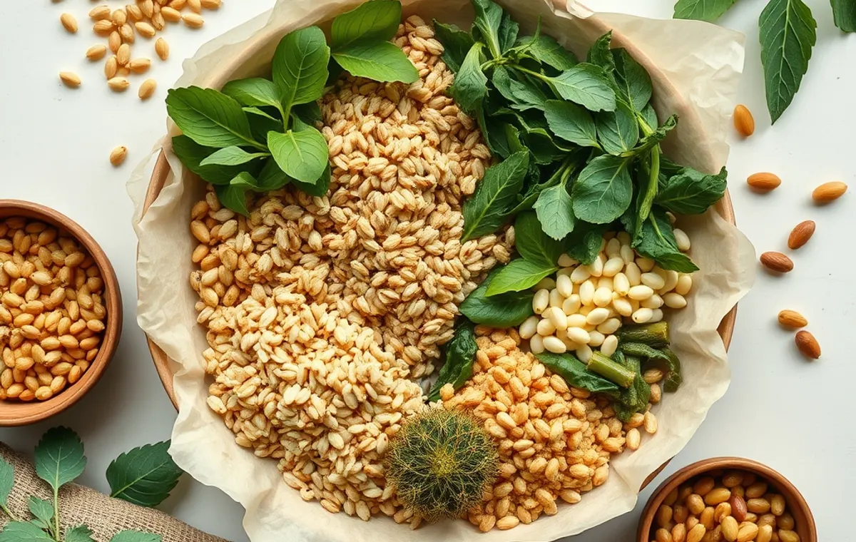 Assiette équilibrée de céréales complètes, légumes verts et légumineuses