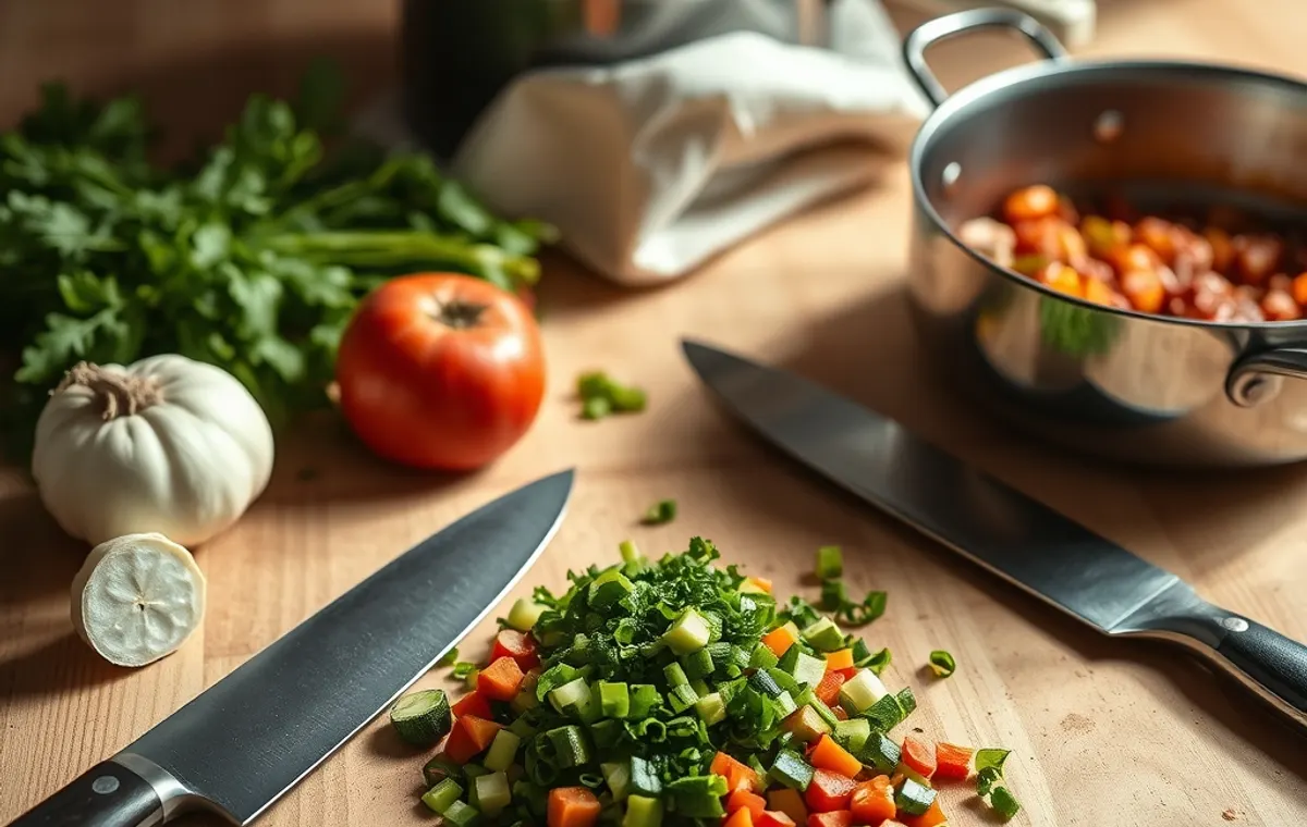 Légumes de saison taillés sur un plan de travail en bois