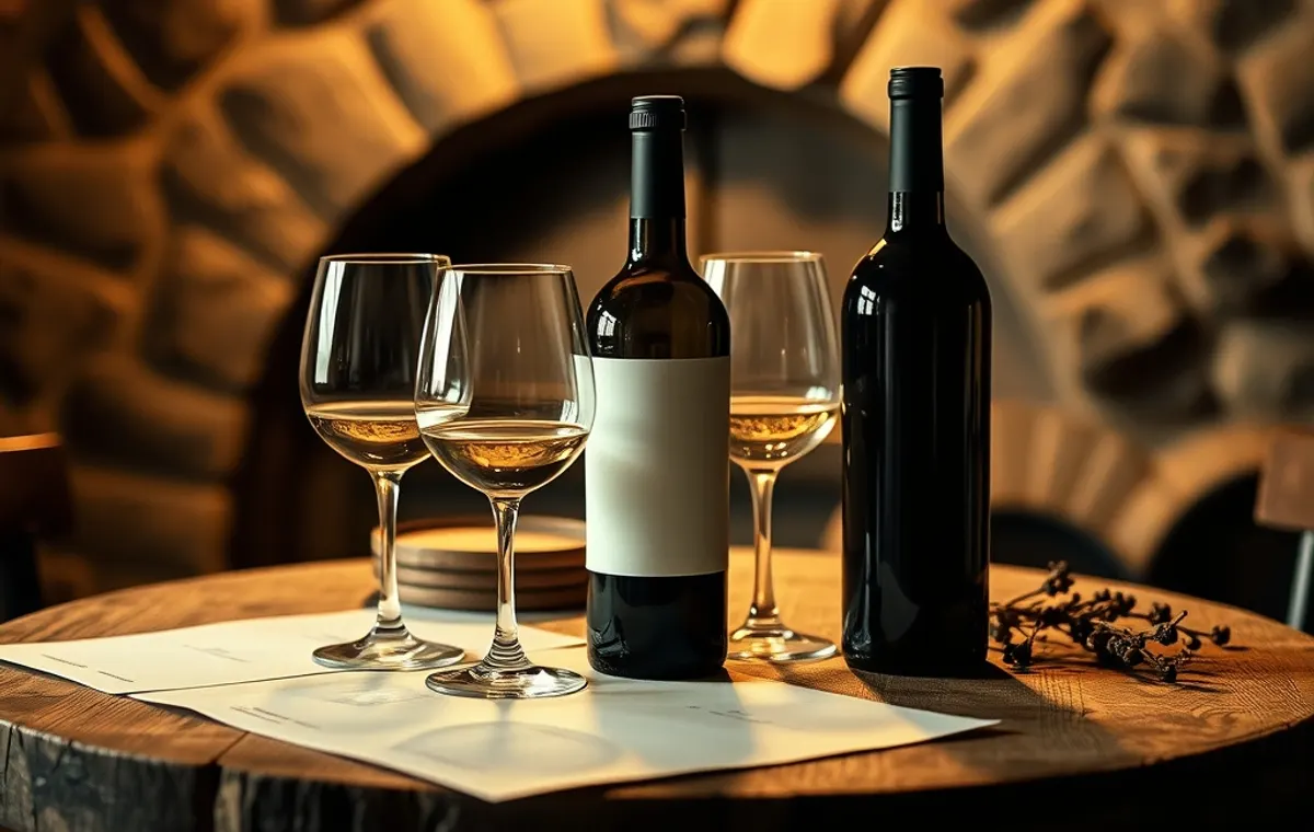 Verres à vin et bouteille sombre sur une table de cave en pierre